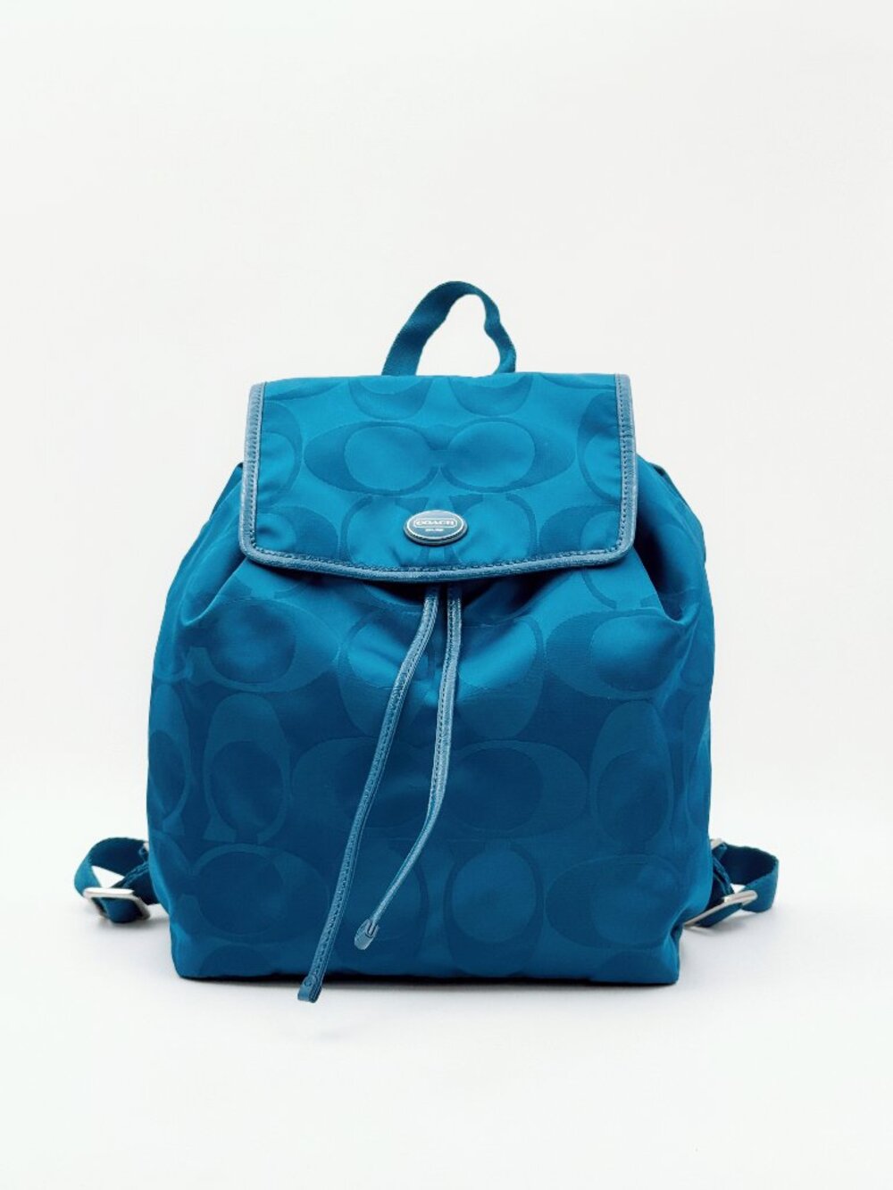Coach Signature Blue Nylon Backpack Drawstring Flap Logo Travel Bag